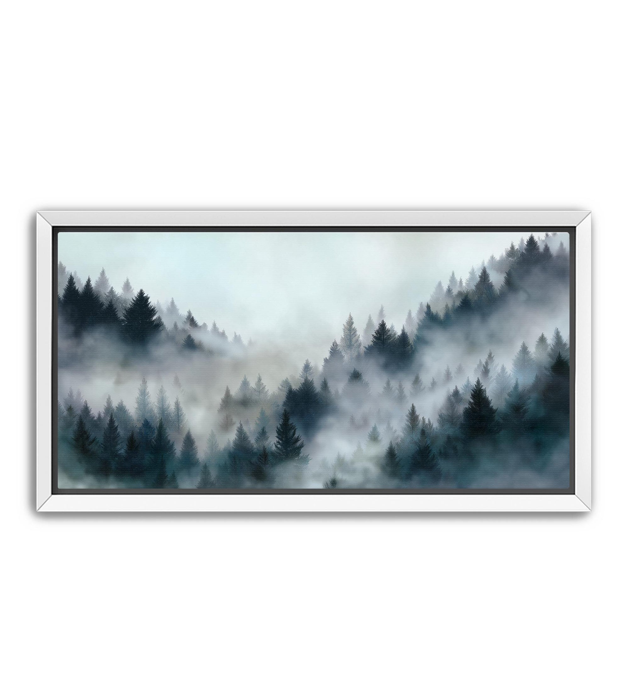 Foggy forest canvas wall art with layered evergreen trees