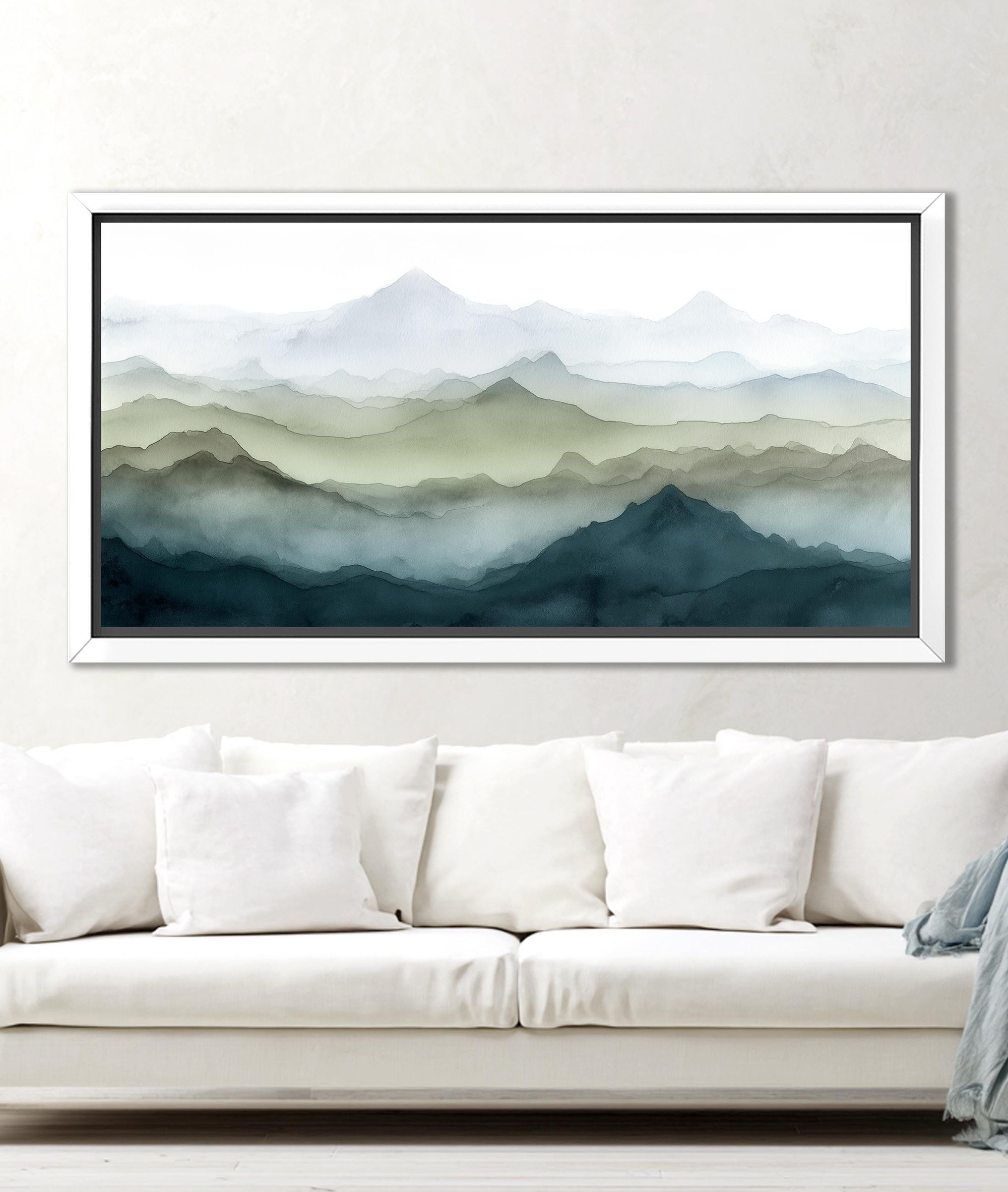 Soft watercolor mountain wall art with calm, airy color palette