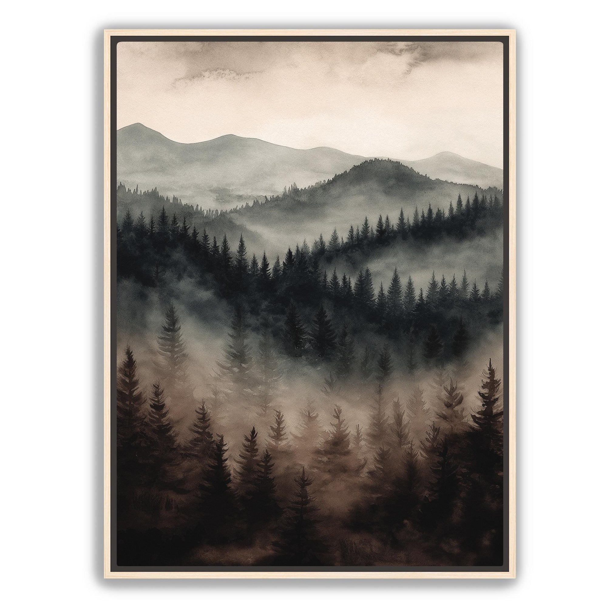 misty forest mountain print