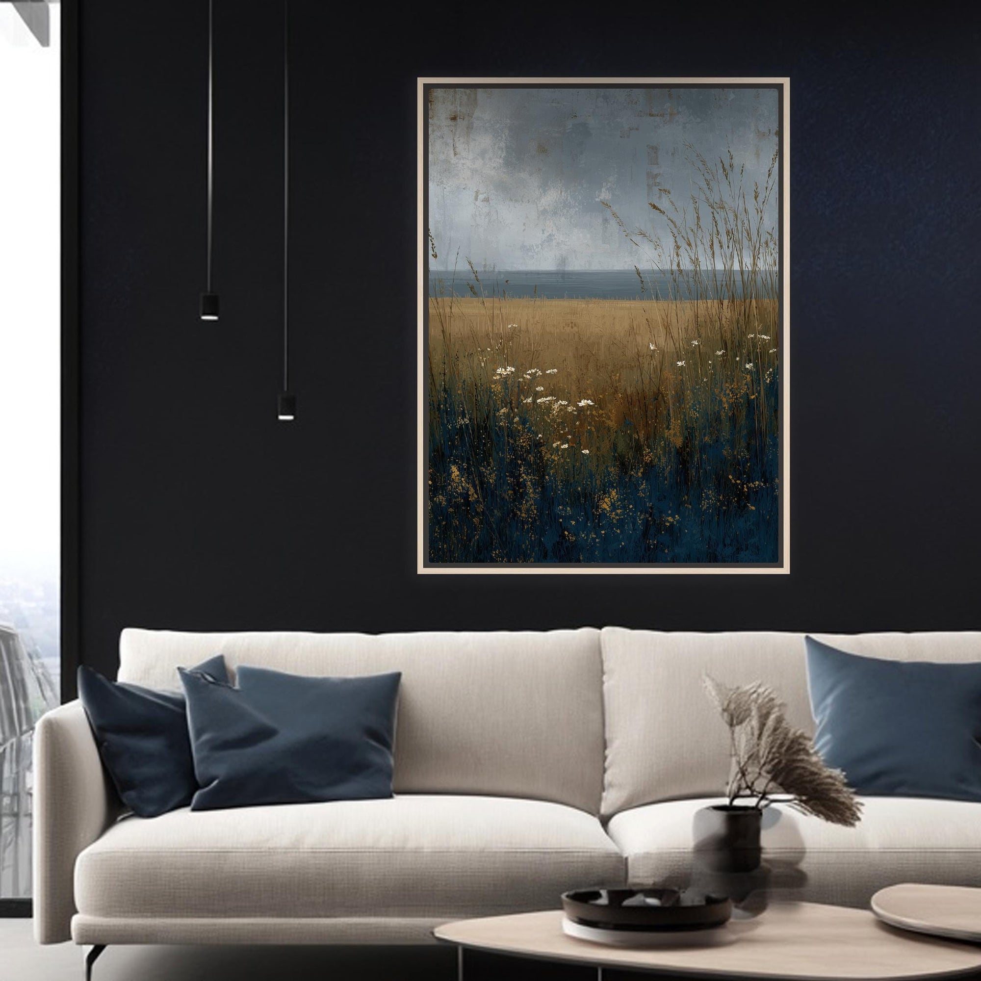 Coastal field grasses artwork with dark blue and ochre tones