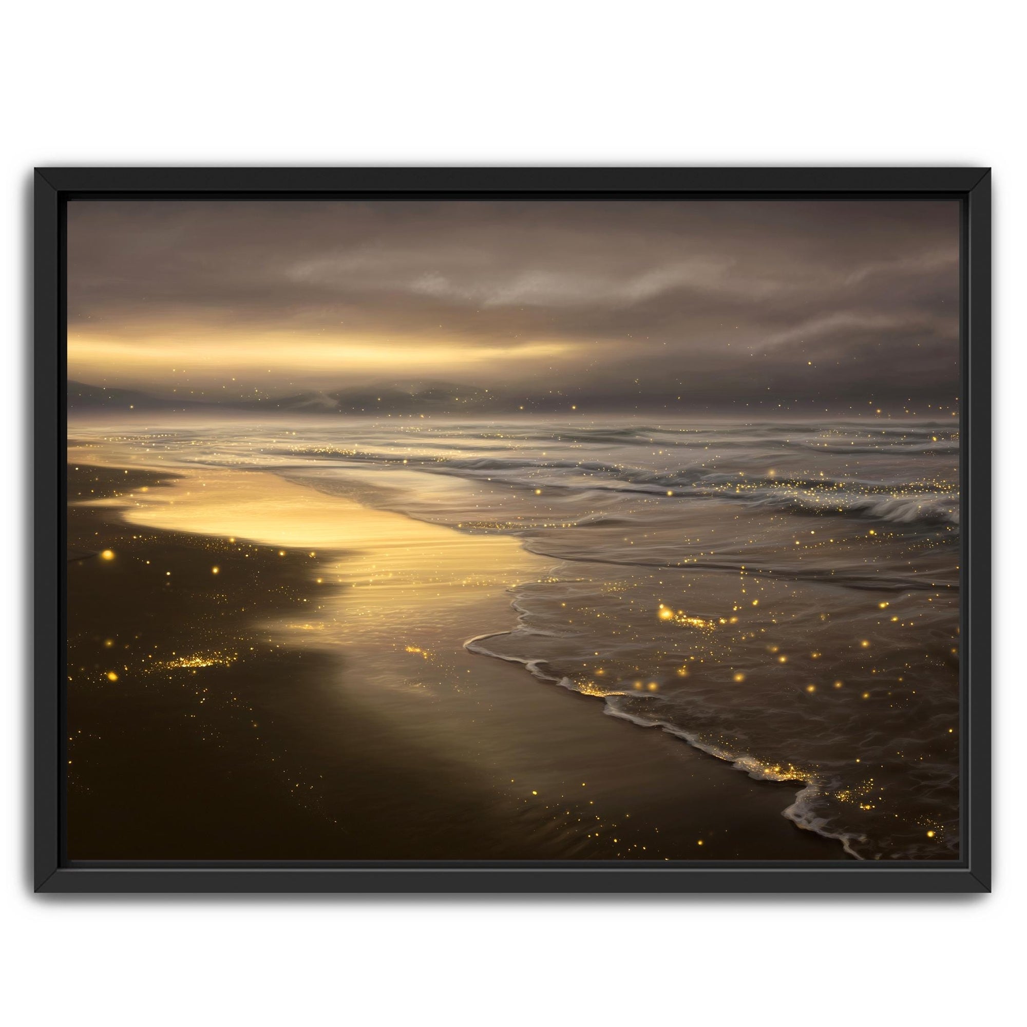 Golden hour beach canvas wall art with glowing ocean waves and warm light