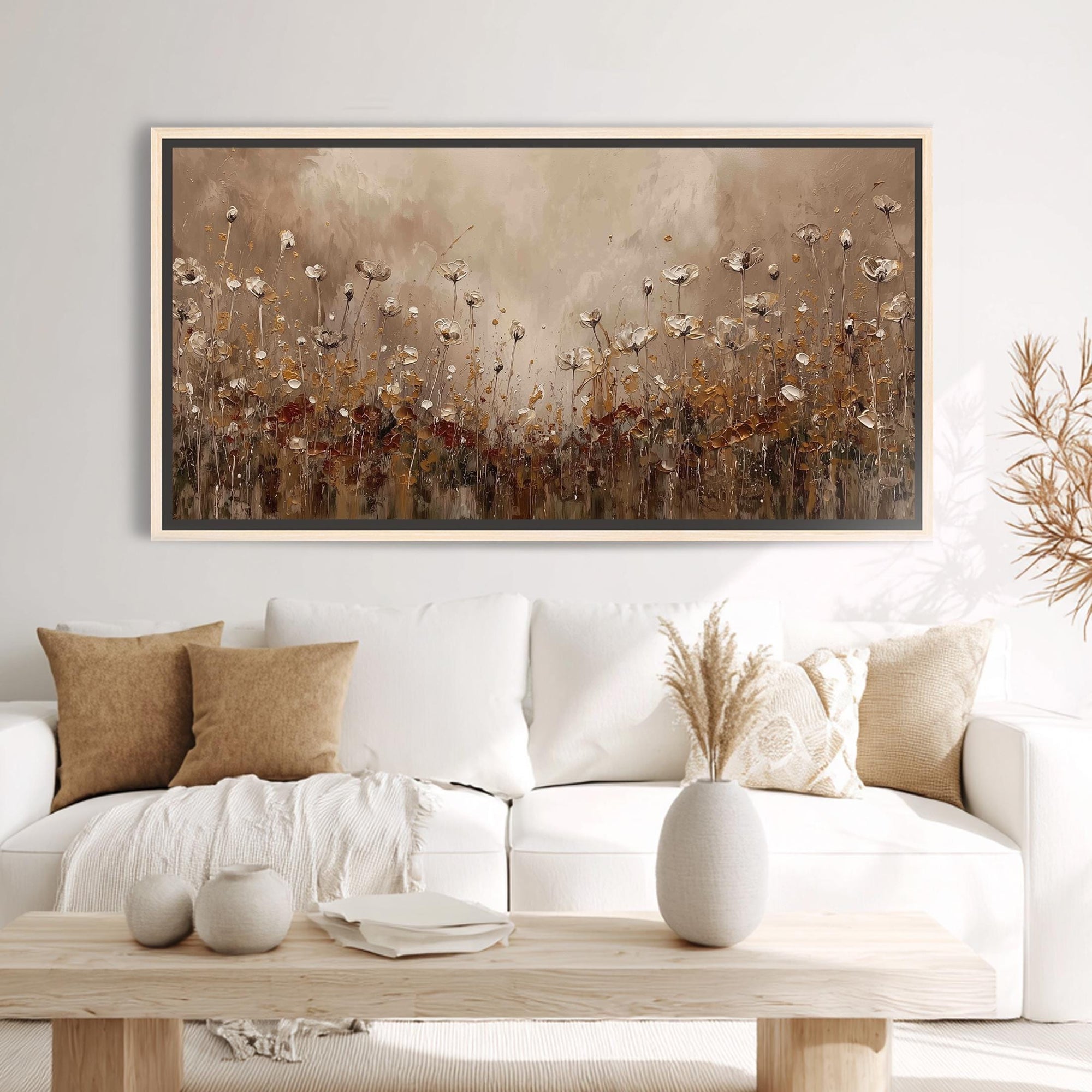 tan and white floral wall art horizontal