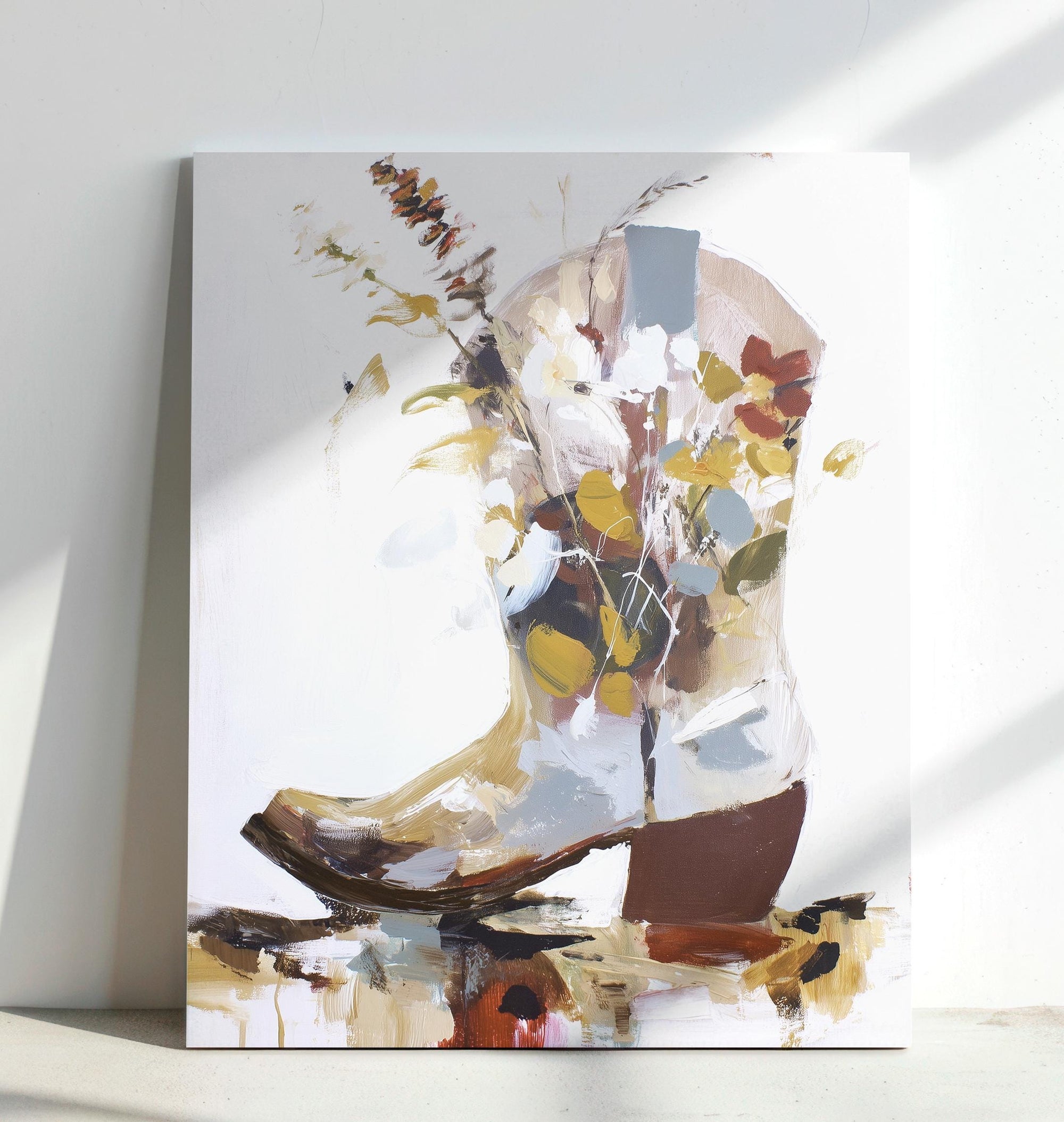 Rustic cowboy boot artwork for farmhouse decor