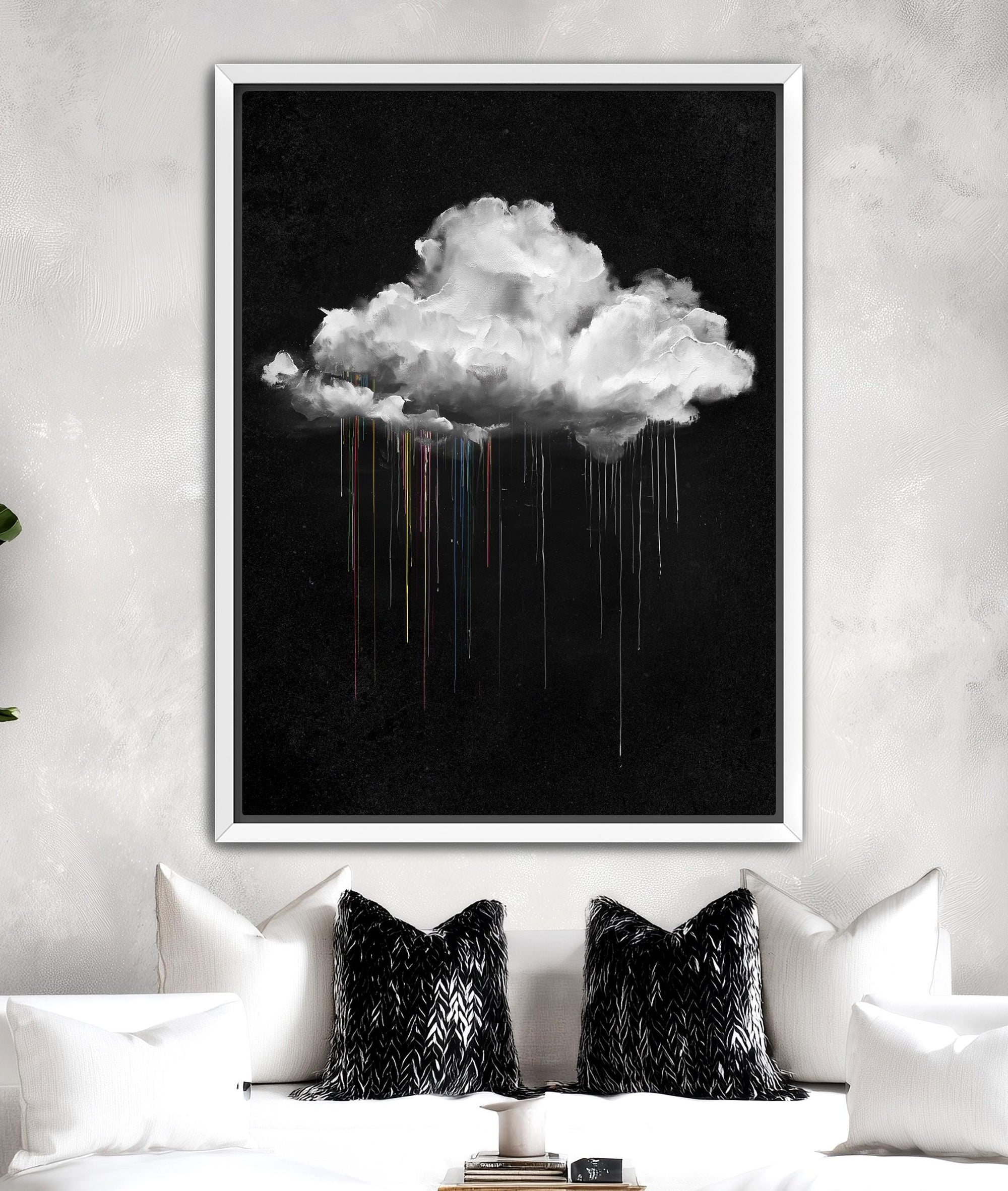 Black and white cloud wall art with paint drips