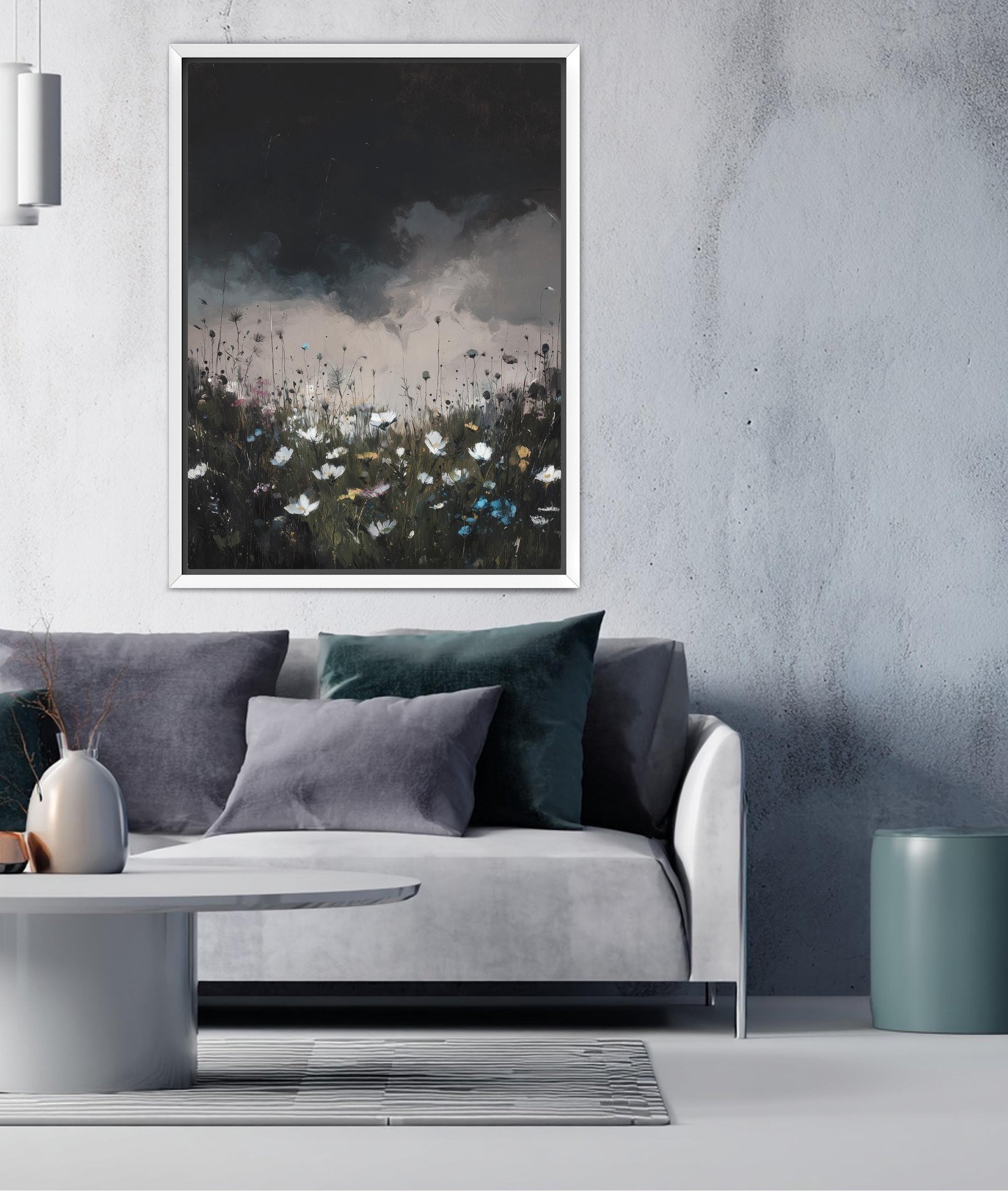 Framed landscape art showing spring flowers and storm clouds