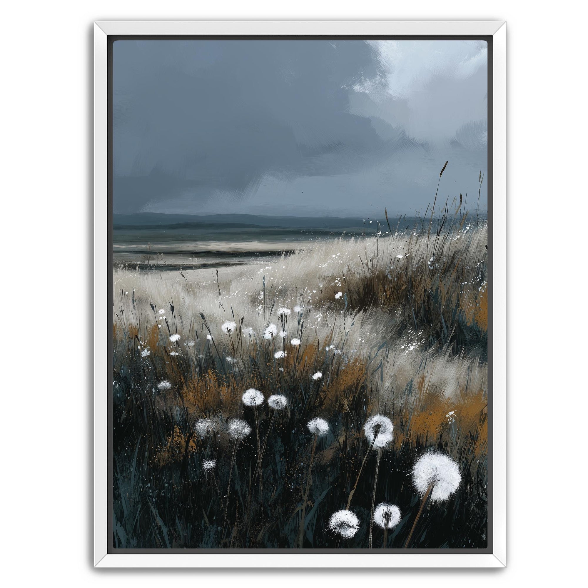 Meadow landscape wall art with dandelions and moody sky