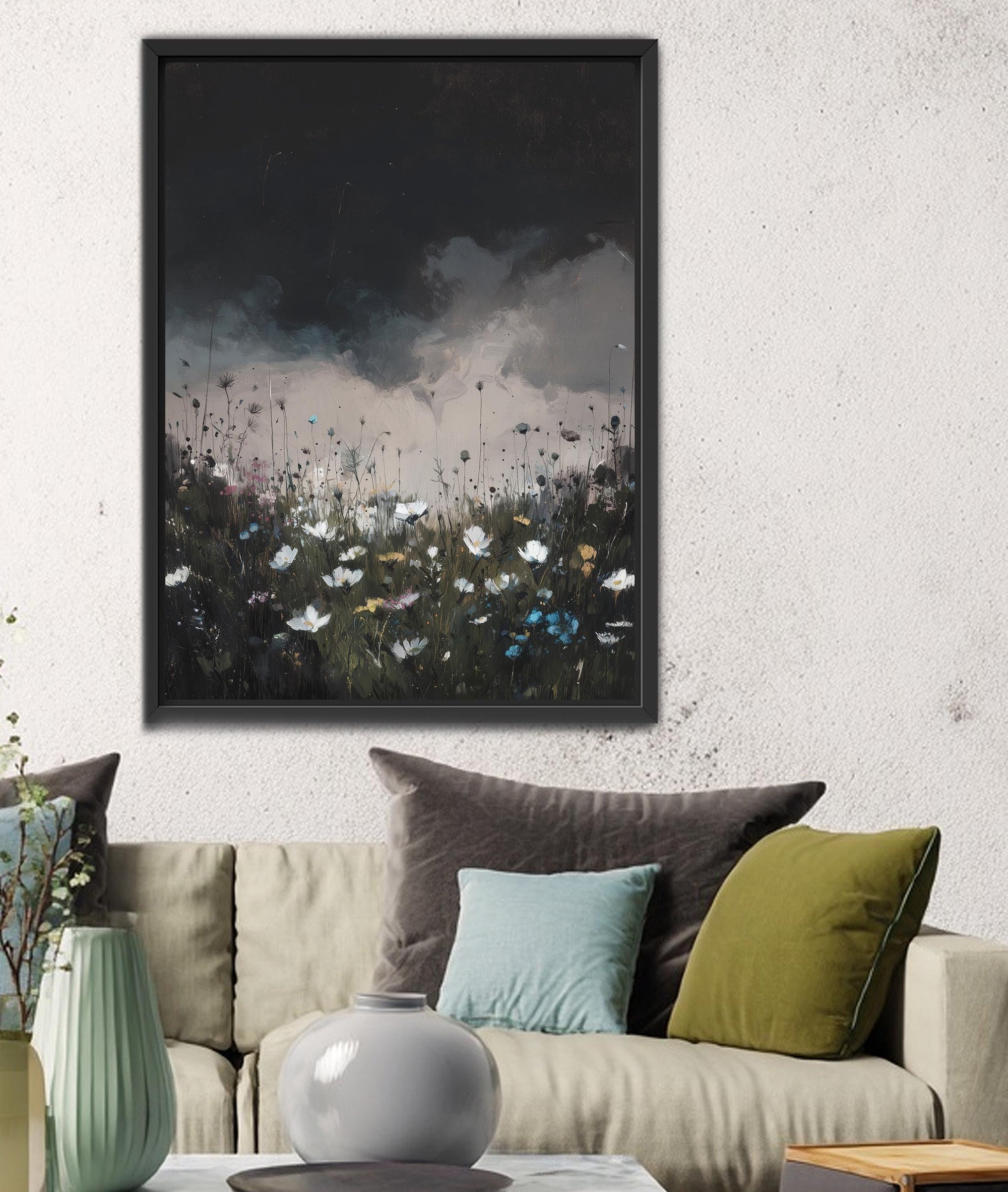 Painterly wildflower field beneath dark skies