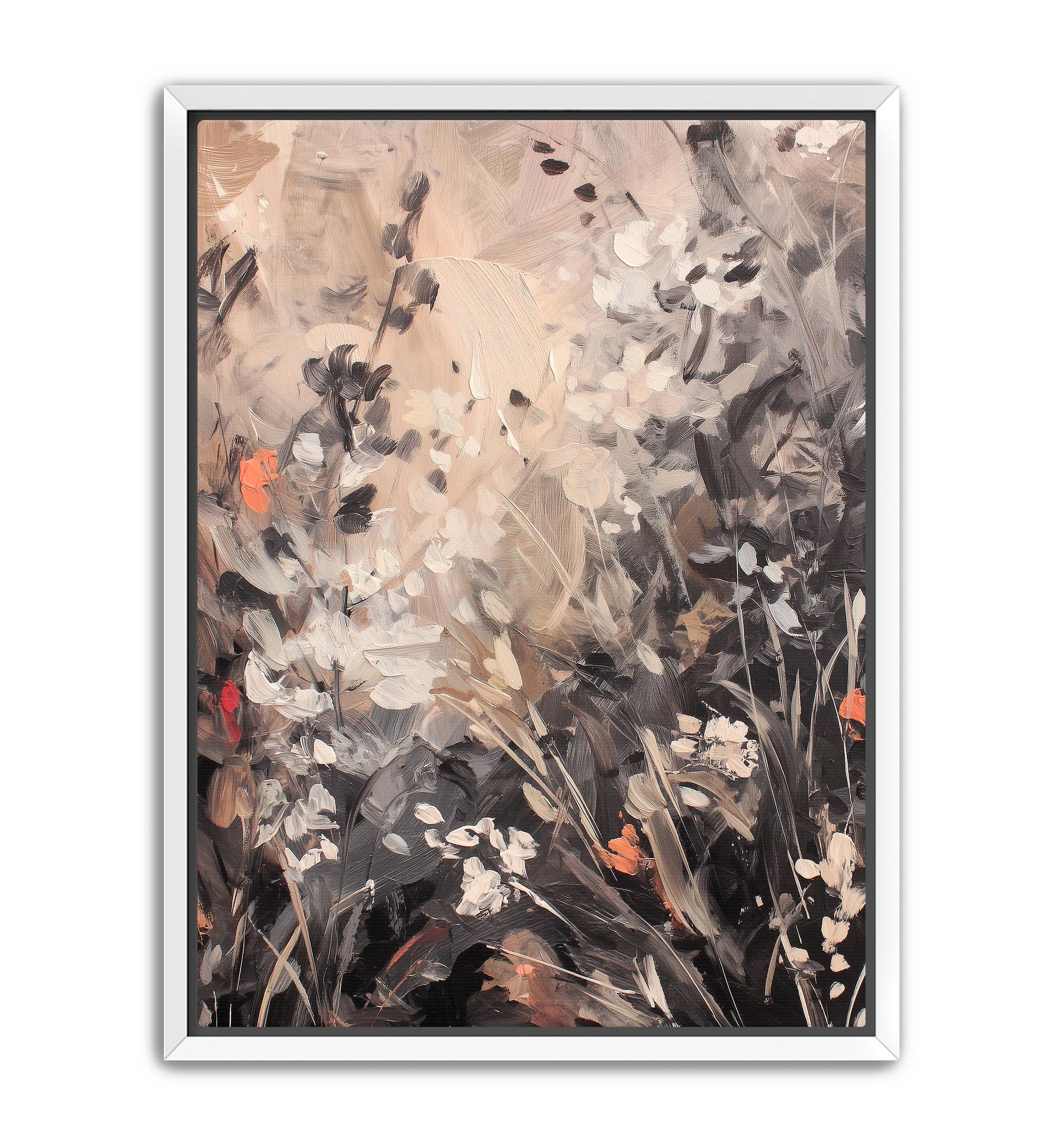 Framed neutral nature artwork in living room setting