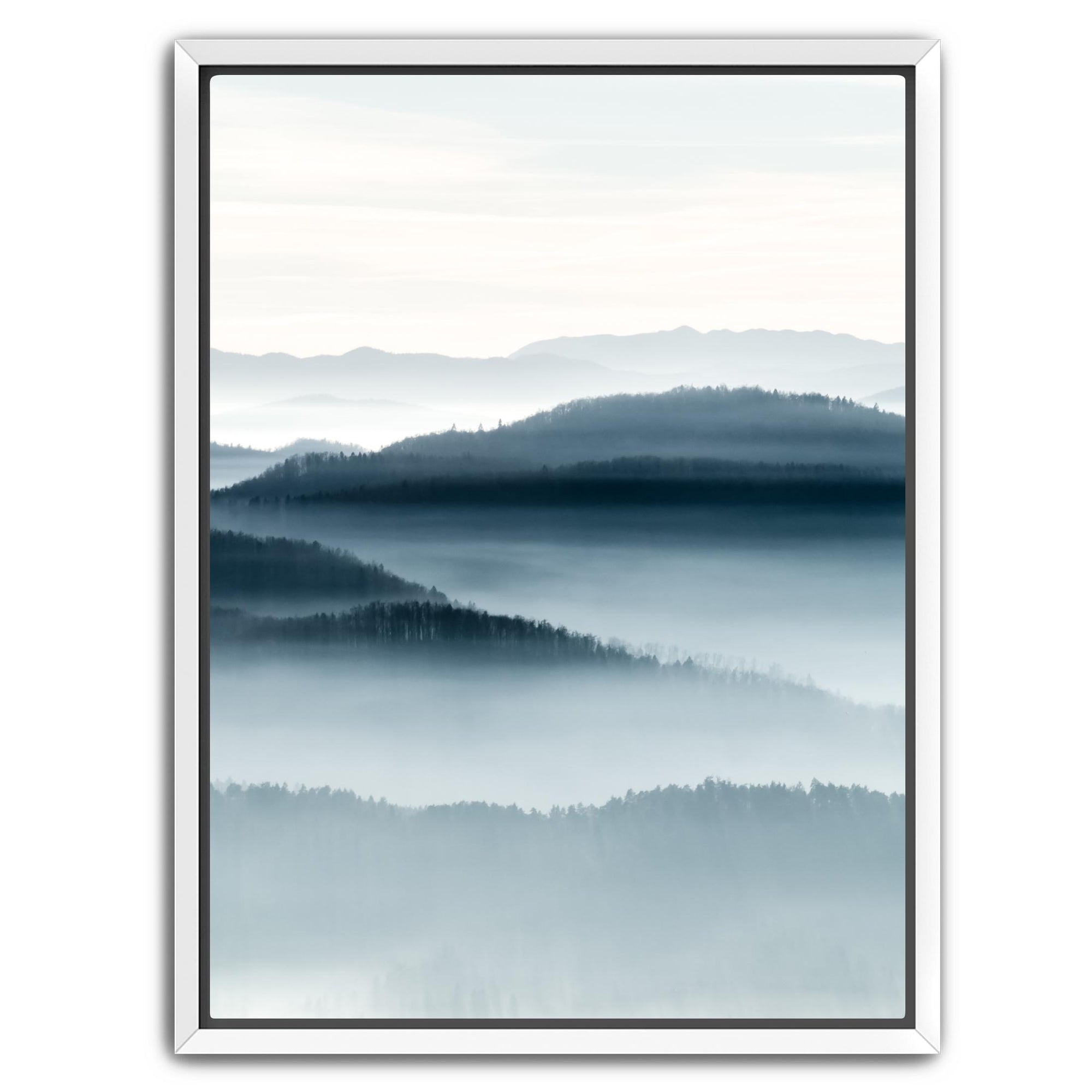 Misty alpine mountain layers printed on canvas