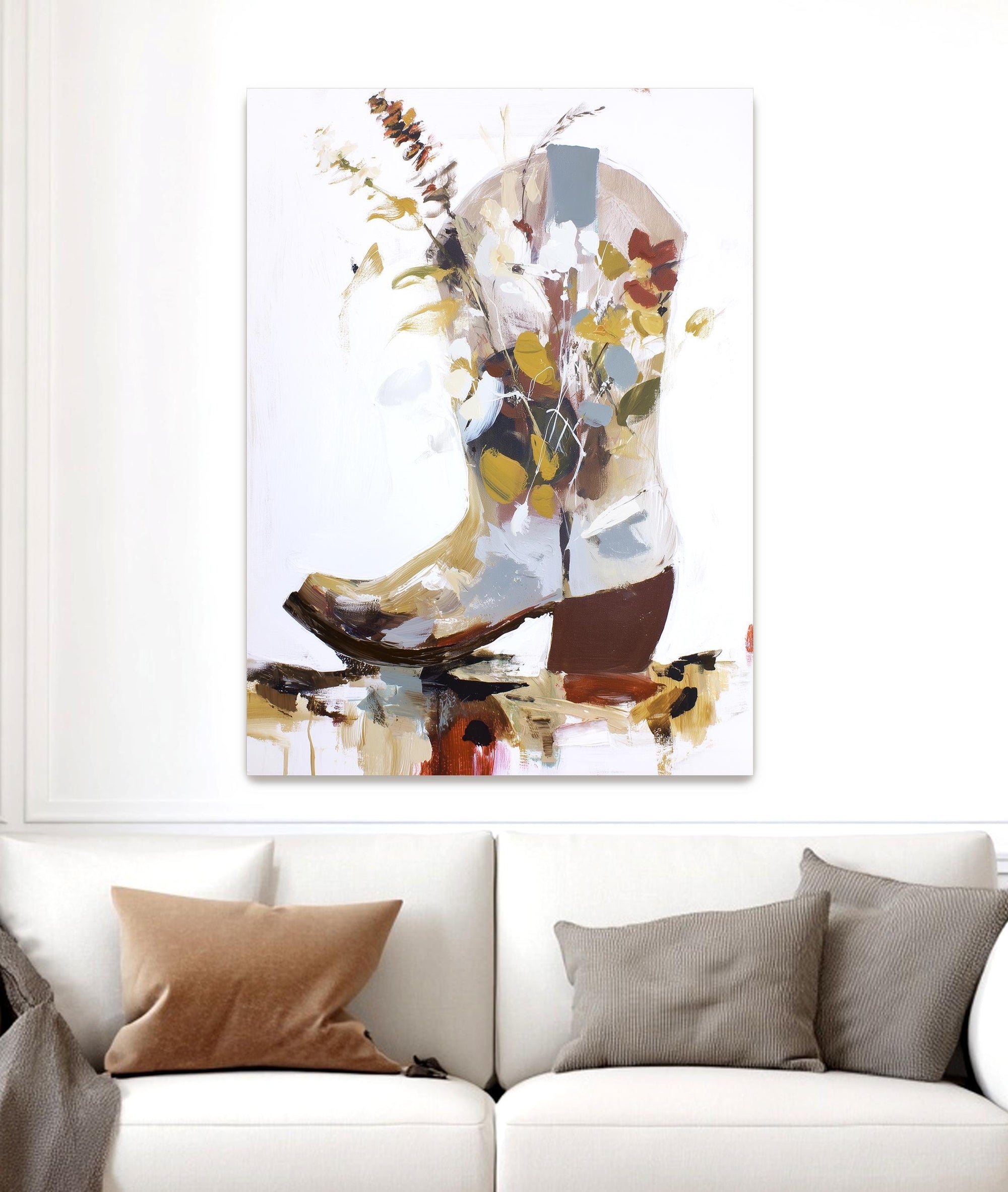 Abstract cowboy boot wall art with floral details