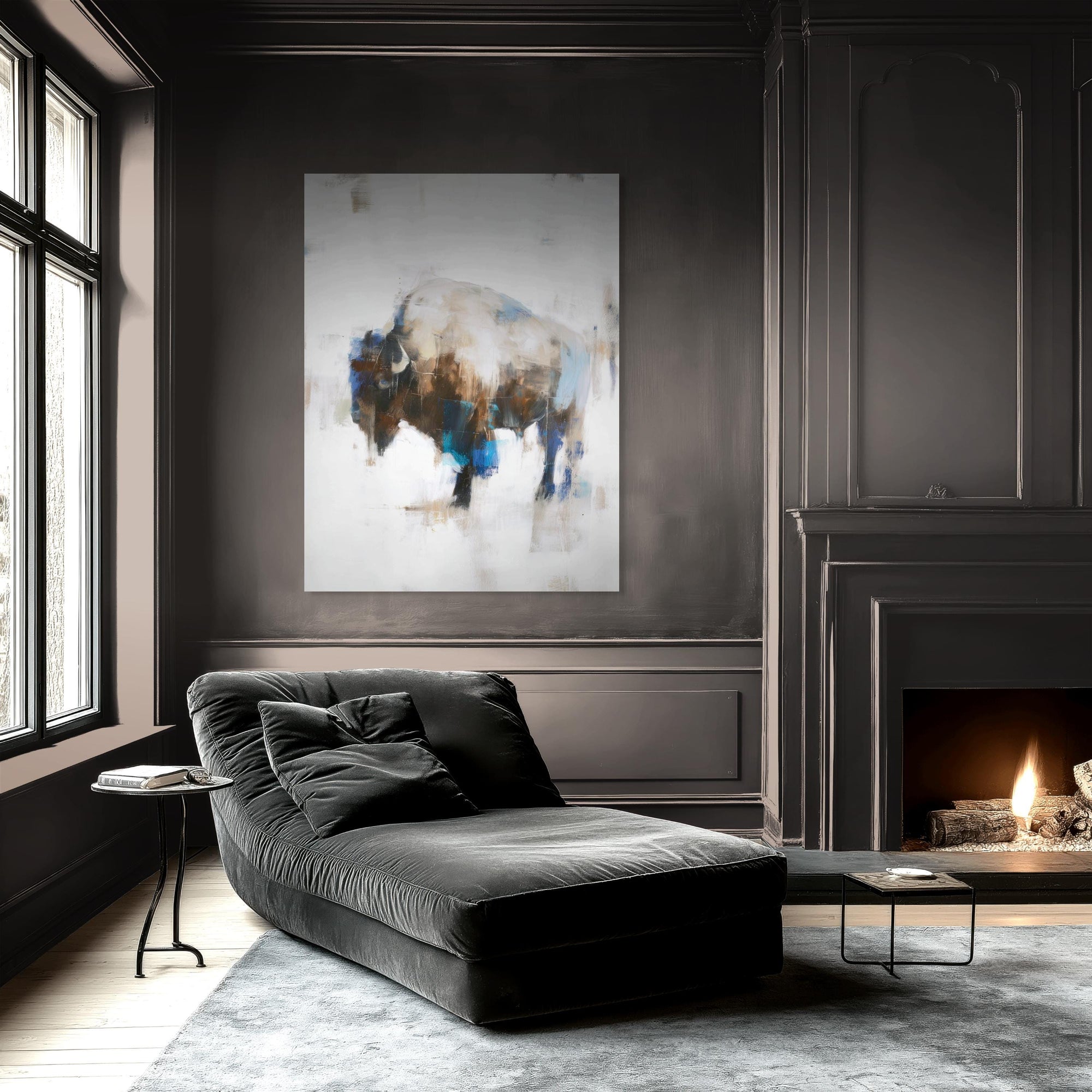 abstract bison painting framed wall print in dark moody room