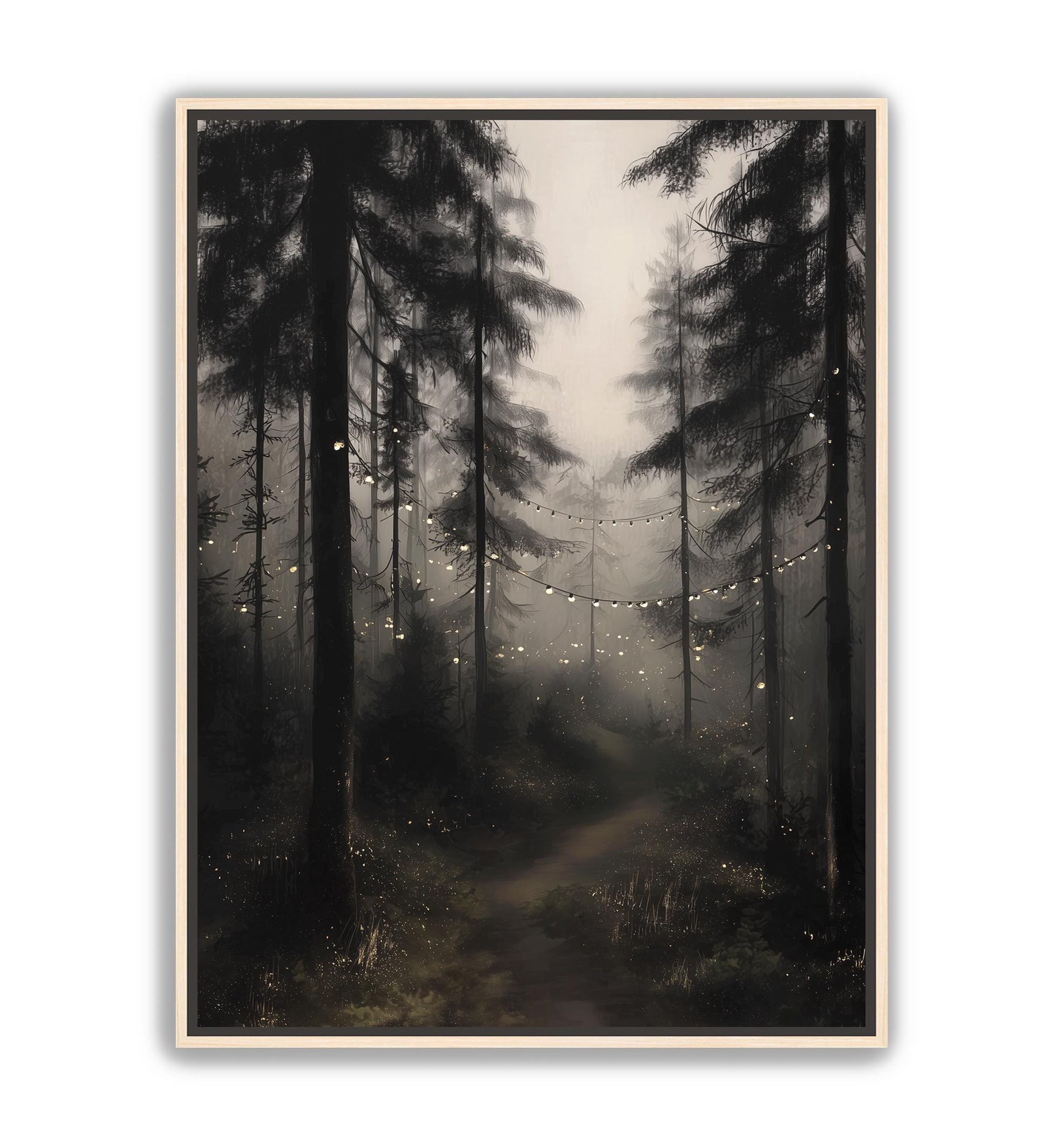 Woodland path art with string lights