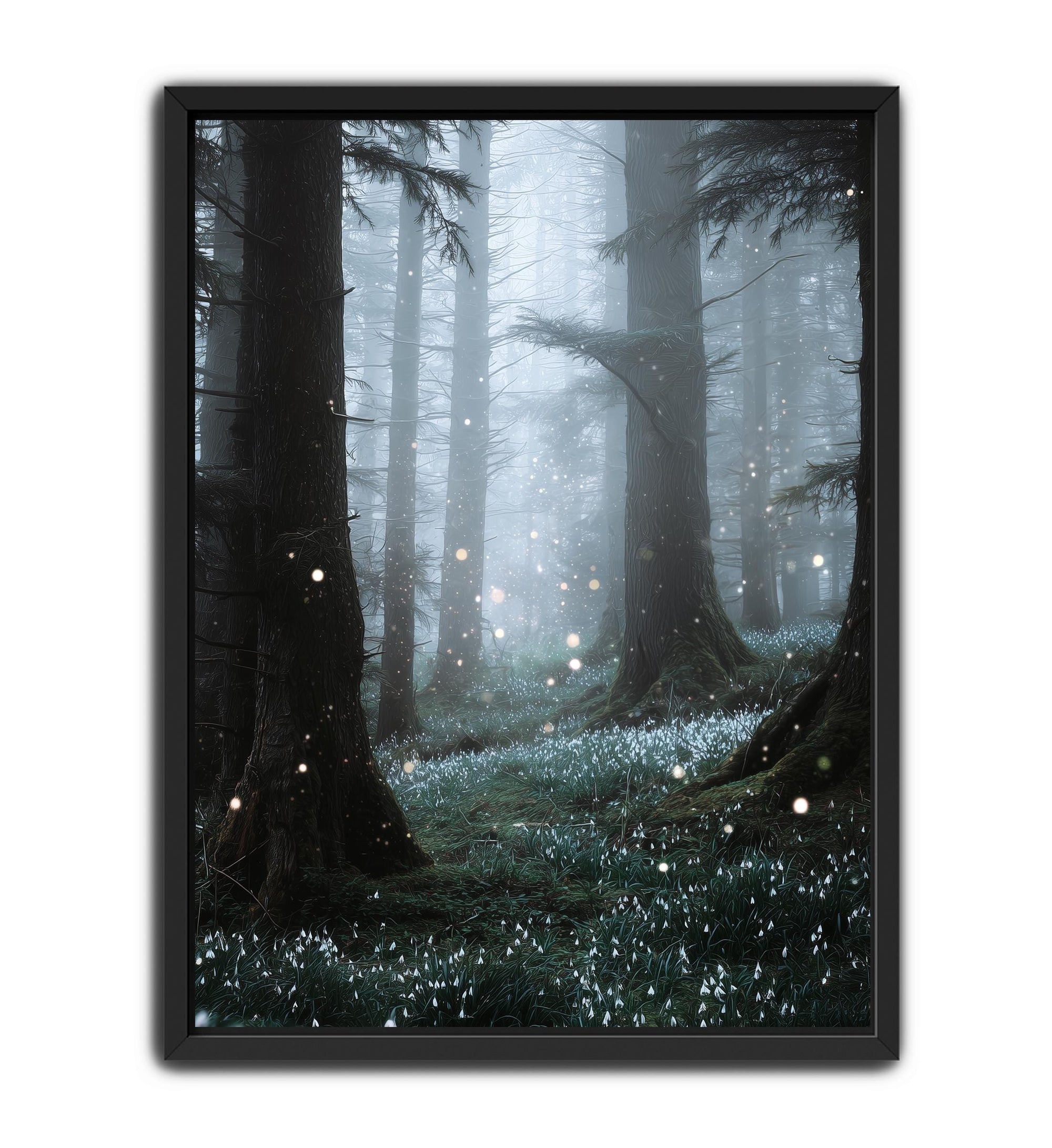 Nature wall art print showing a quiet enchanted forest scene