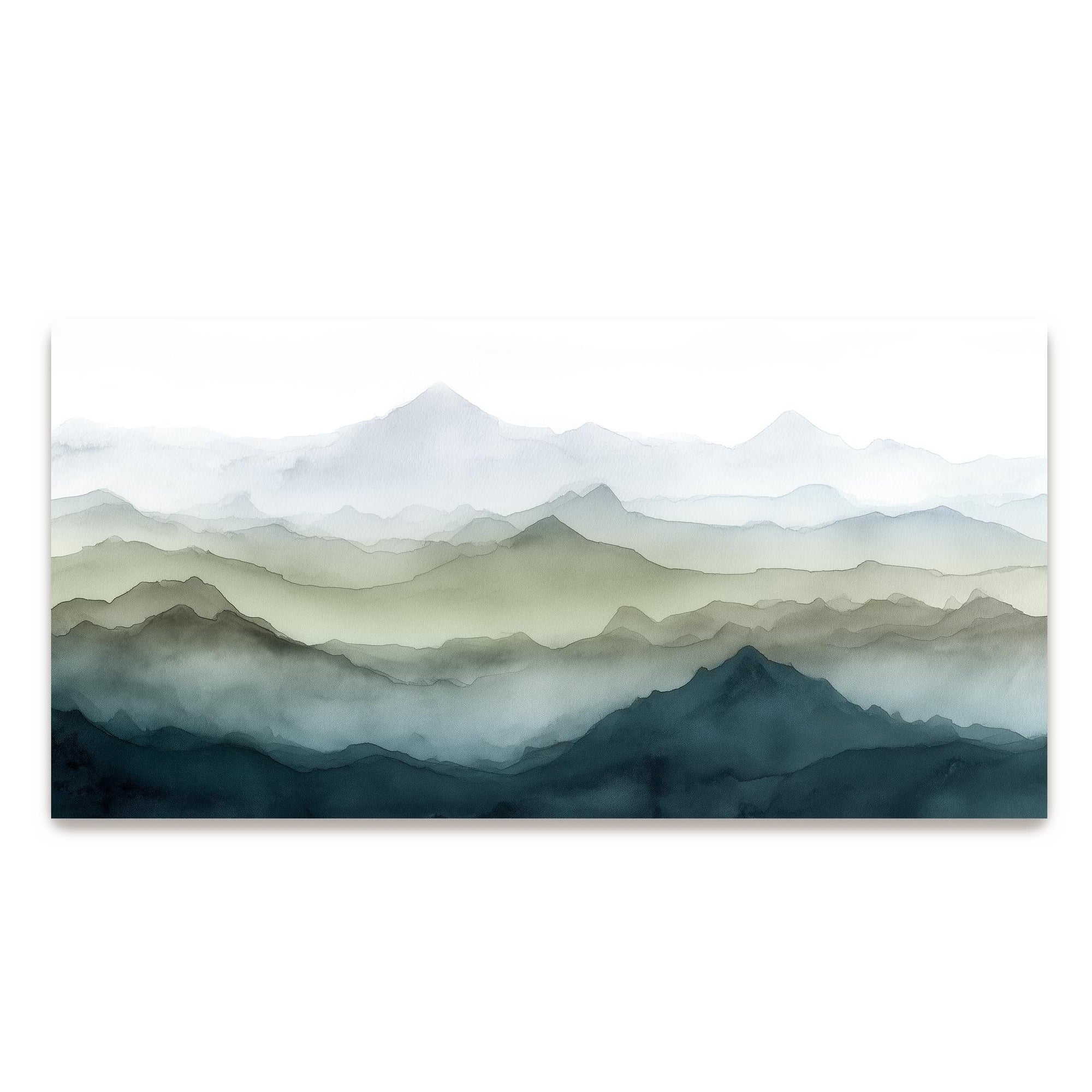 Large mountain range wall art in muted green and blue watercolor tones