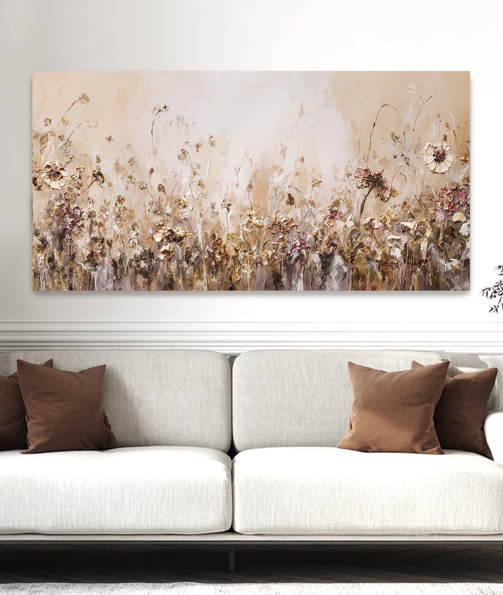 Golden farmhouse floral wall art landscape