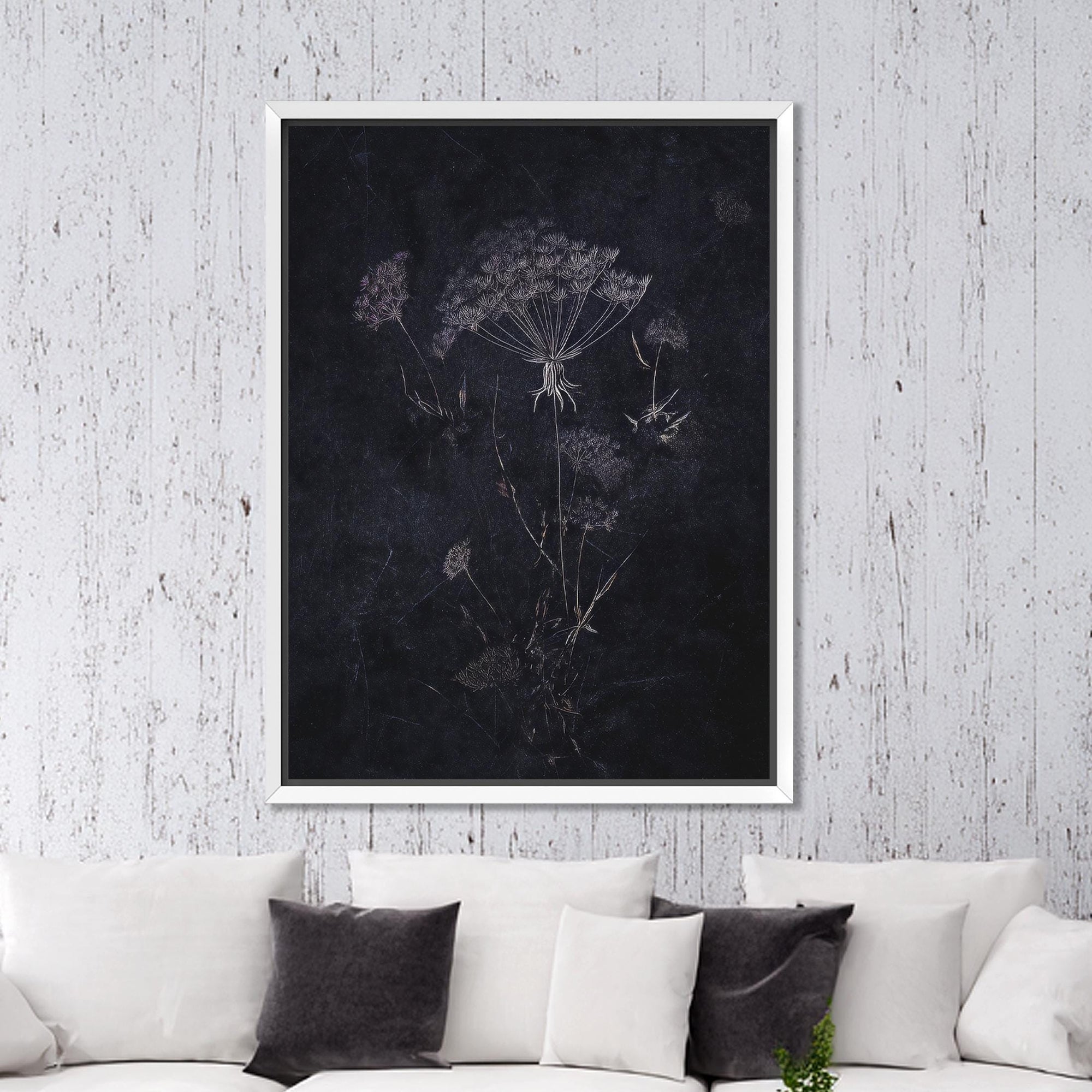 Moody botanical wall art with dandelion seed head