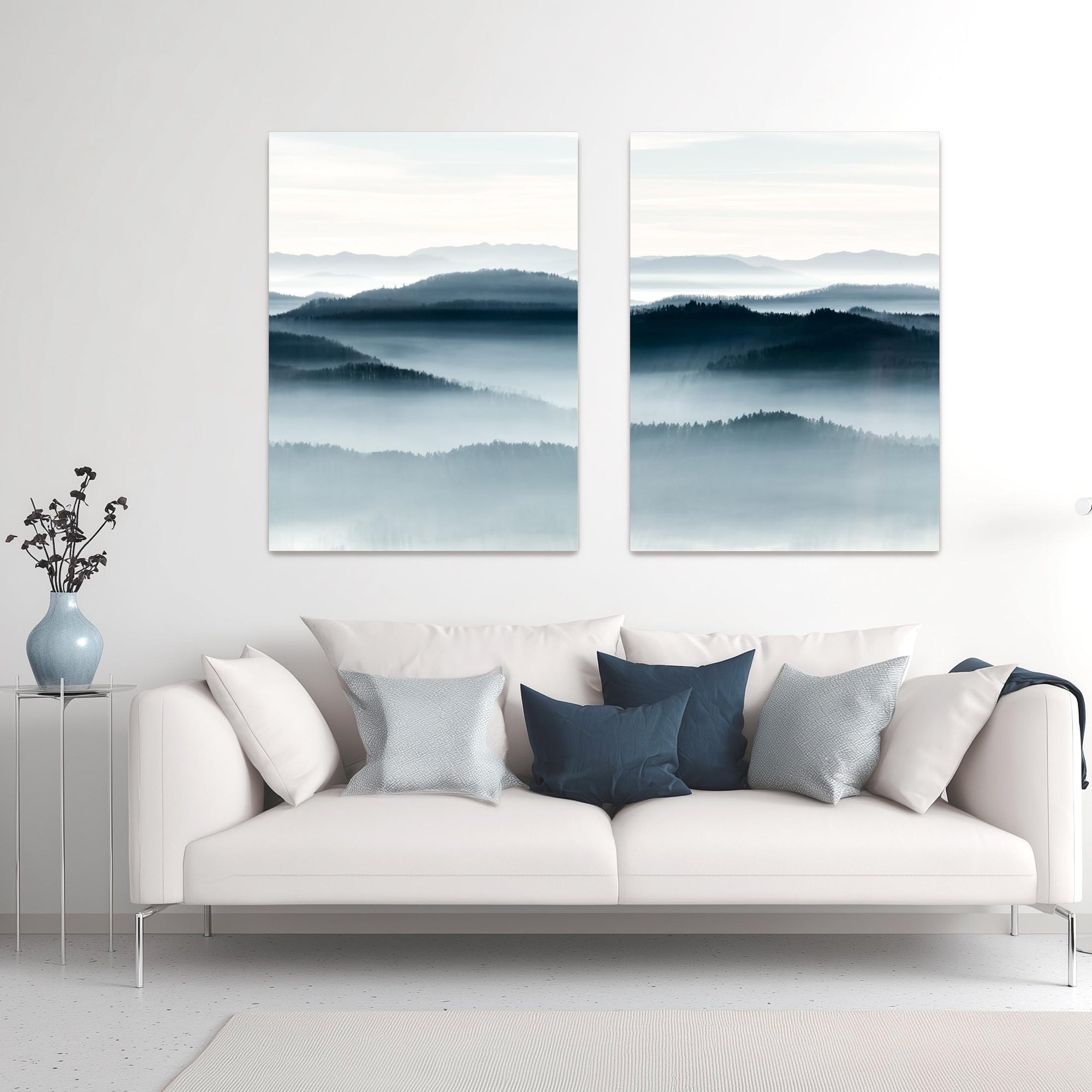Modern mountain wall art with atmospheric depth