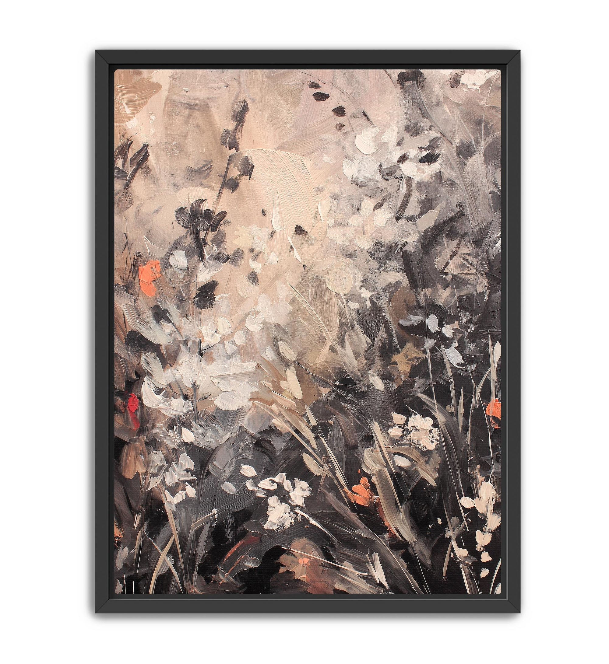 Dark floral meadow painting framed in minimalist black frame