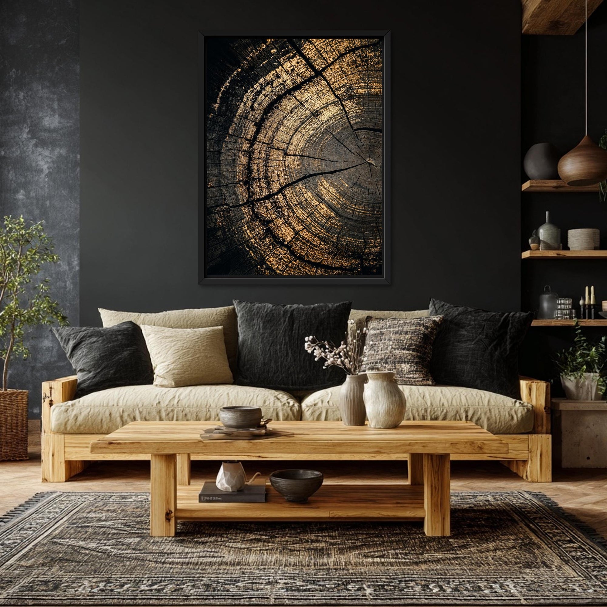 Black framed tree ring artwork close up detail