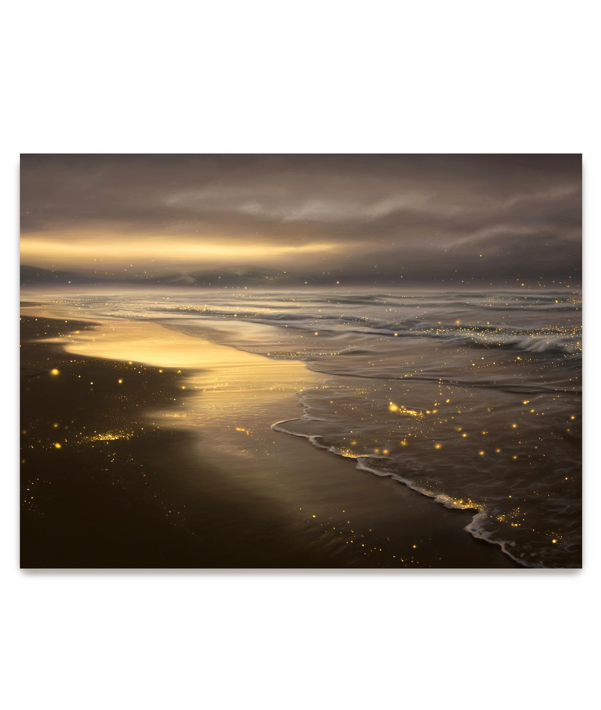 Calming ocean wall art with golden reflections on wet sand