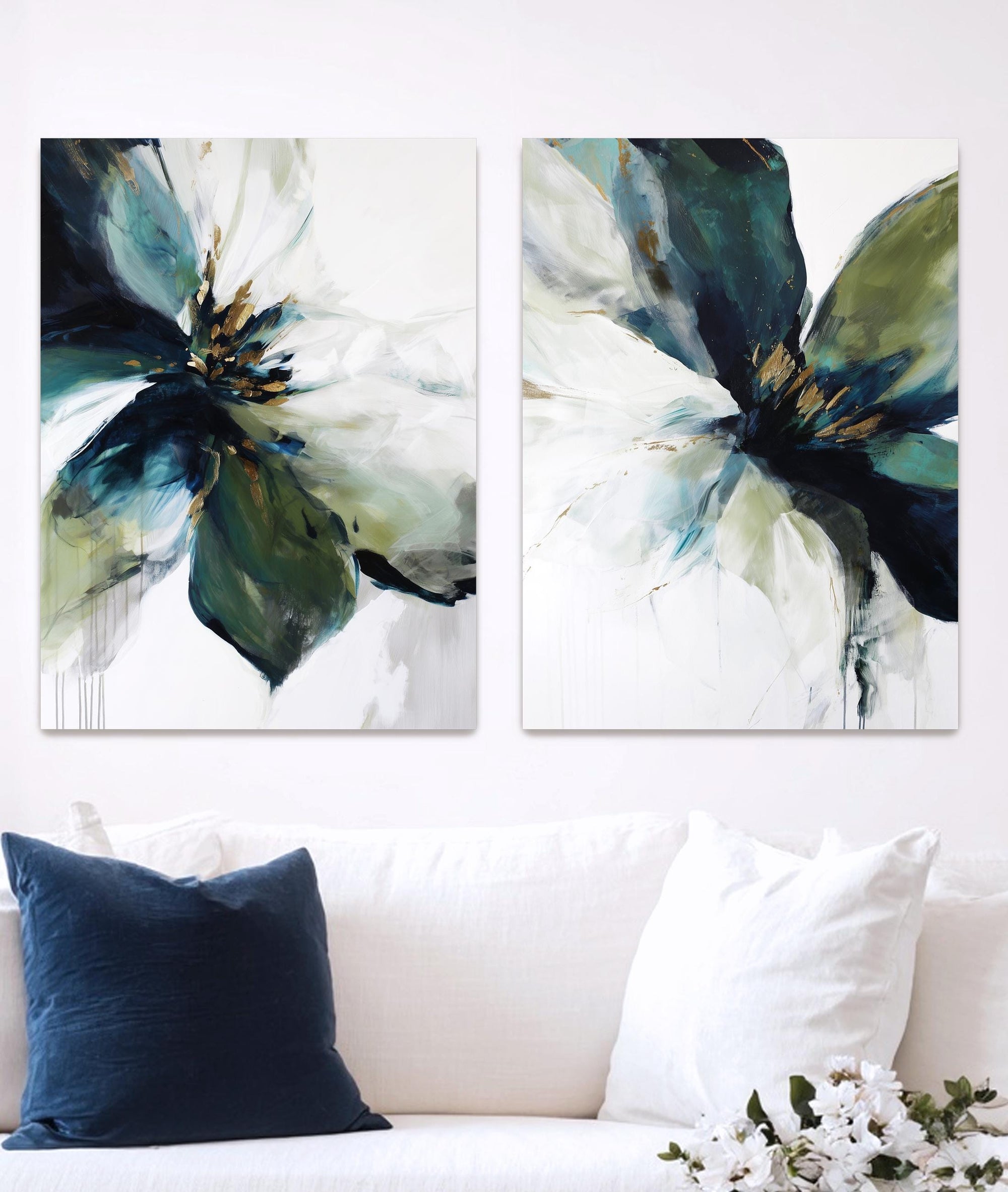 green and gold abstract floral wall art set